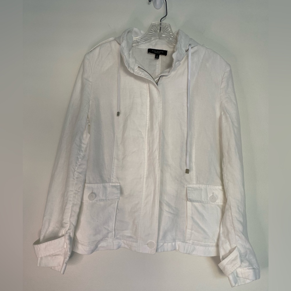 NWOT Talbots White Linen Military Zip Up Jacket 14 Hidden Hoodie Coastal Capsule